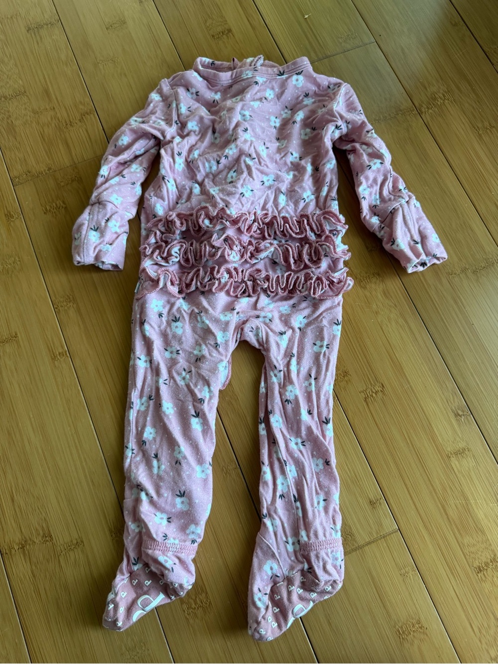 Posh Peanut Pink Floral Ruffle Footed One-Piece